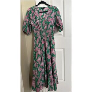 Meadow‎ Rhodes Tropical Leaf Print Smocked Waist Tiered Midi Dress Women Size M